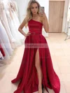 A-line One Shoulder Satin Sweep Train Sashes / Ribbons Prom Dresses #Favs020107089