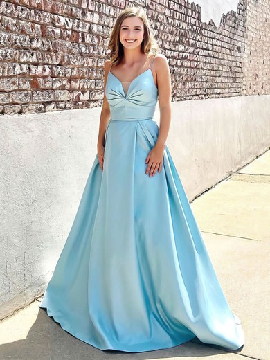 A-line V-neck Silk-like Satin Sweep Train Ruffles Prom Dresses #Favs020107090