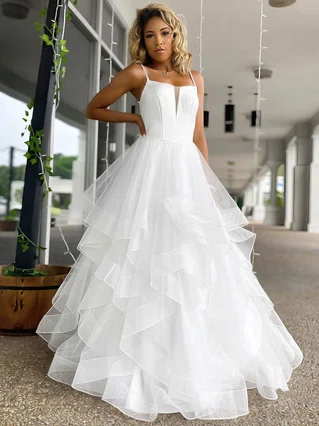 A-line Square Neckline Glitter Sweep Train Tiered Prom Dresses #Favs020107095