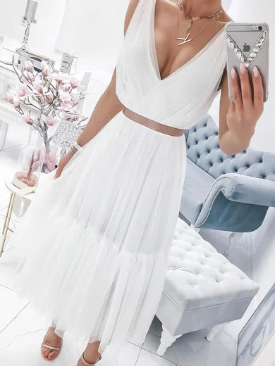 A-line V-neck Chiffon Tea-length Sashes / Ribbons Prom Dresses #Favs020107097