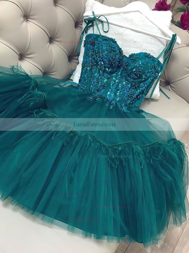A-line V-neck Tulle Knee-length Beading Short Prom Dresses #Favs020107102