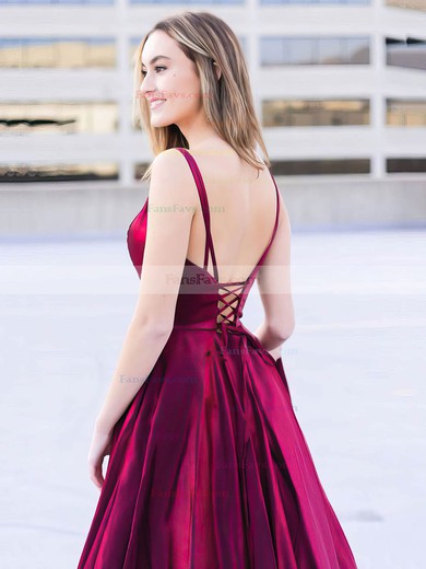 A-line V-neck Satin Sweep Train Split Front Prom Dresses #Favs020107103