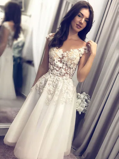 A-line V-neck Tulle Tea-length Appliques Lace Prom Dresses #Favs020107105