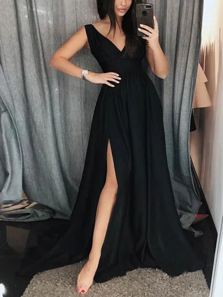 A-line V-neck Chiffon Sweep Train Split Front Prom Dresses #Favs020107110 A-line V-neck Chiffon Sweep Train Split Front Prom Dresses #Favs020107110