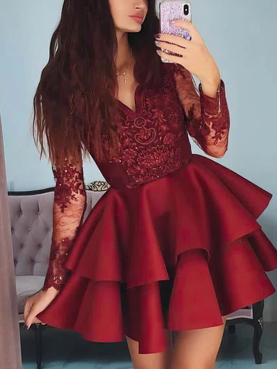 A-line V-neck Satin Short/Mini Tiered Short Prom Dresses #Favs020107114