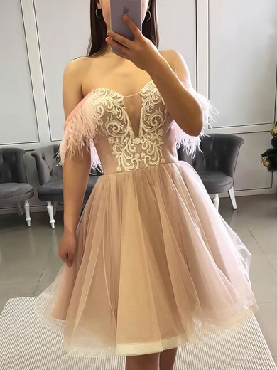 A-line Off-the-shoulder Tulle Short/Mini Beading Prom Dresses #Favs020107115