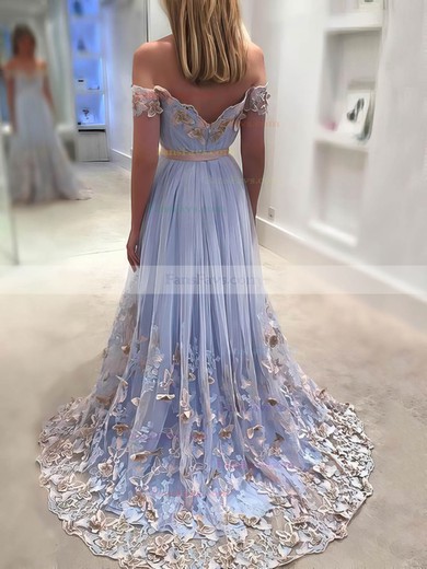 A-line Off-the-shoulder Tulle Sweep Train Appliques Lace Prom Dresses #Favs020107118