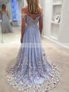 A-line Off-the-shoulder Tulle Sweep Train Appliques Lace Prom Dresses #Favs020107118