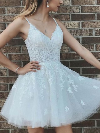 A-line V-neck Tulle Short/Mini Appliques Lace Short Prom Dresses #Favs020107121