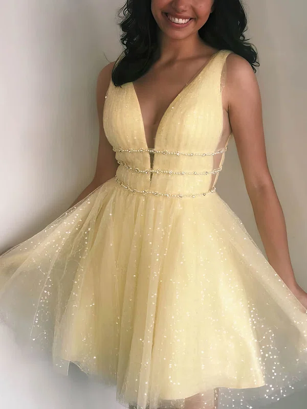 A-line V-neck Glitter Short/Mini Beading Prom Dresses #Favs020107124