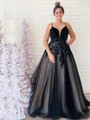 Ball Gown V-neck Tulle Sweep Train Appliques Lace Prom Dresses #Favs020107134