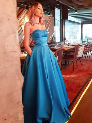 A-line Strapless Satin Sweep Train Pockets Prom Dresses #Favs020107135