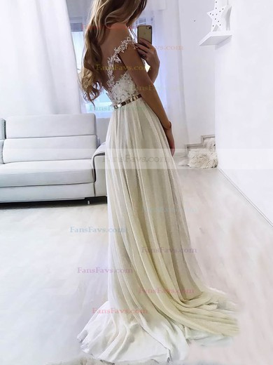A-line V-neck Chiffon Sweep Train Appliques Lace Prom Dresses #Favs020107137