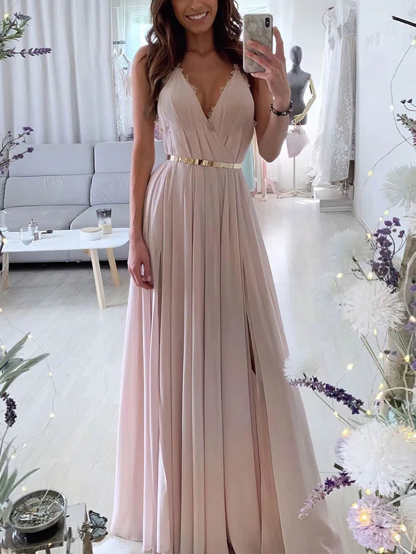 A-line V-neck Chiffon Floor-length Sashes / Ribbons Prom Dresses #Favs020107138
