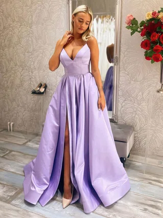 A-line V-neck Satin Sweep Train Split Front Prom Dresses #Favs020107139 A-line V-neck Satin Sweep Train Split Front Prom Dresses #Favs020107139