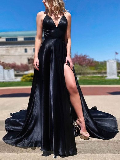 A-line V-neck Silk-like Satin Sweep Train Split Front Prom Dresses #Favs020107143