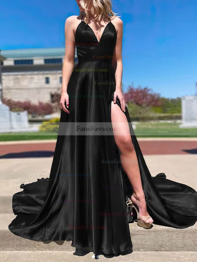 A-line V-neck Silk-like Satin Sweep Train Split Front Prom Dresses #Favs020107143
