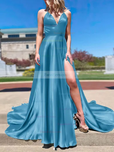 A-line V-neck Silk-like Satin Sweep Train Split Front Prom Dresses #Favs020107143