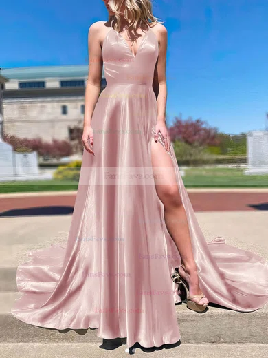 A-line V-neck Silk-like Satin Sweep Train Split Front Prom Dresses #Favs020107143