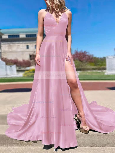 A-line V-neck Silk-like Satin Sweep Train Split Front Prom Dresses #Favs020107143