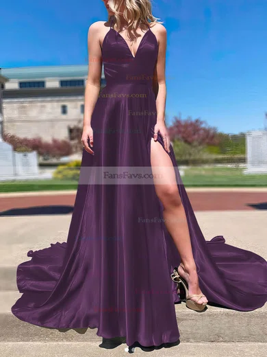 A-line V-neck Silk-like Satin Sweep Train Split Front Prom Dresses #Favs020107143