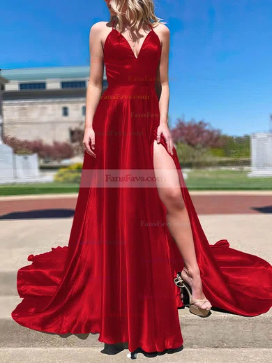 A-line V-neck Silk-like Satin Sweep Train Split Front Prom Dresses #Favs020107143