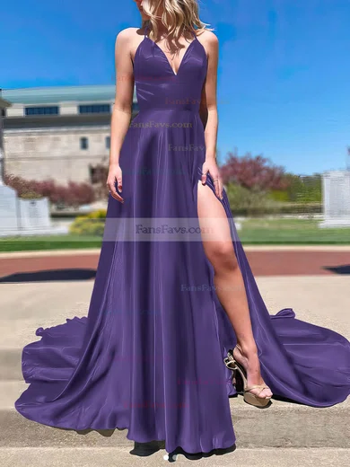 A-line V-neck Silk-like Satin Sweep Train Split Front Prom Dresses #Favs020107143