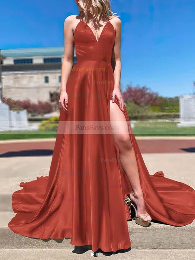 A-line V-neck Silk-like Satin Sweep Train Split Front Prom Dresses #Favs020107143