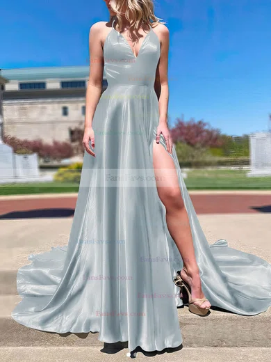 A-line V-neck Silk-like Satin Sweep Train Split Front Prom Dresses #Favs020107143