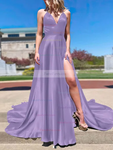 A-line V-neck Silk-like Satin Sweep Train Split Front Prom Dresses #Favs020107143
