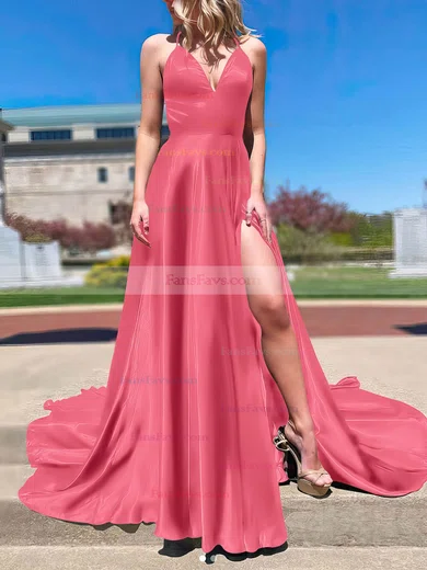 A-line V-neck Silk-like Satin Sweep Train Split Front Prom Dresses #Favs020107143