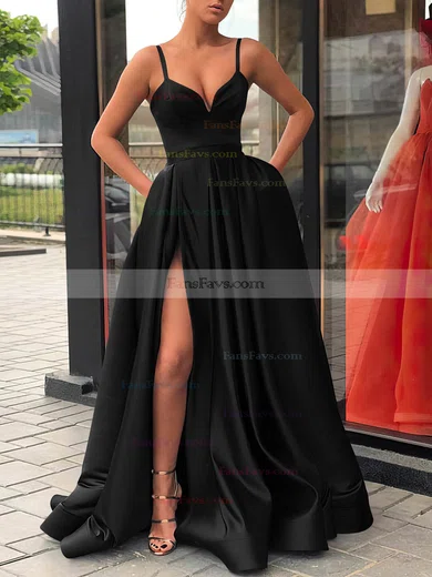 A-line V-neck Satin Sweep Train Sashes / Ribbons Prom Dresses #Favs020107144