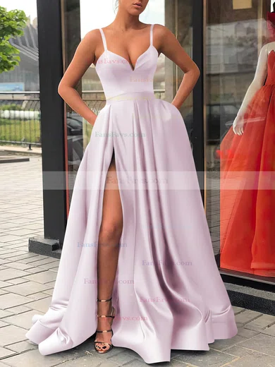 A-line V-neck Satin Sweep Train Sashes / Ribbons Prom Dresses #Favs020107144