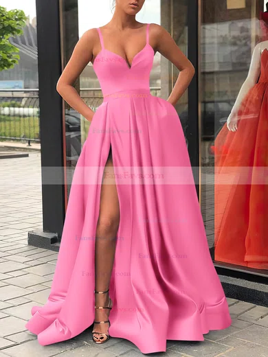 A-line V-neck Satin Sweep Train Sashes / Ribbons Prom Dresses #Favs020107144