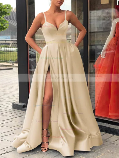 A-line V-neck Satin Sweep Train Sashes / Ribbons Prom Dresses #Favs020107144