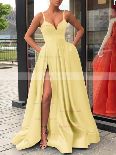 A-line V-neck Satin Sweep Train Sashes / Ribbons Prom Dresses #Favs020107144