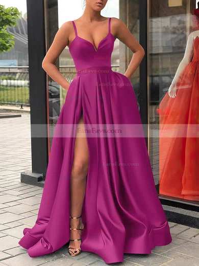 A-line V-neck Satin Sweep Train Sashes / Ribbons Prom Dresses #Favs020107144