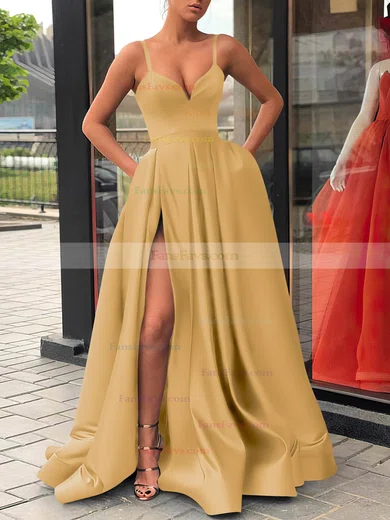 A-line V-neck Satin Sweep Train Sashes / Ribbons Prom Dresses #Favs020107144