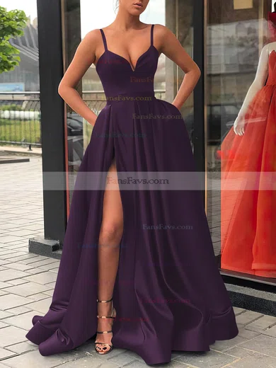 A-line V-neck Satin Sweep Train Sashes / Ribbons Prom Dresses #Favs020107144