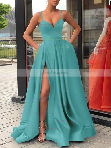 A-line V-neck Satin Sweep Train Sashes / Ribbons Prom Dresses #Favs020107144