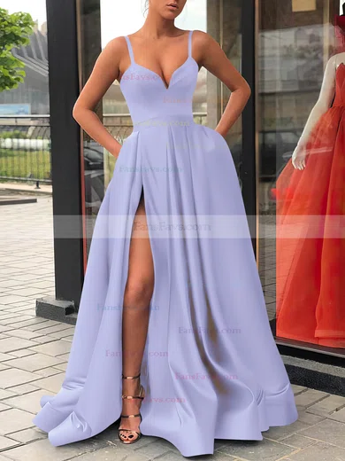 A-line V-neck Satin Sweep Train Sashes / Ribbons Prom Dresses #Favs020107144