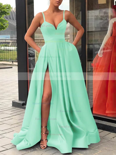 A-line V-neck Satin Sweep Train Sashes / Ribbons Prom Dresses #Favs020107144