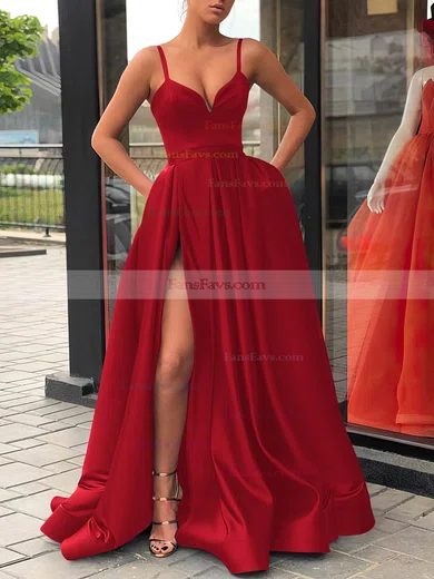 A-line V-neck Satin Sweep Train Sashes / Ribbons Prom Dresses #Favs020107144