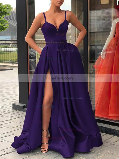 A-line V-neck Satin Sweep Train Sashes / Ribbons Prom Dresses #Favs020107144