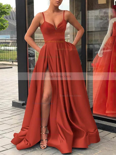 A-line V-neck Satin Sweep Train Sashes / Ribbons Prom Dresses #Favs020107144