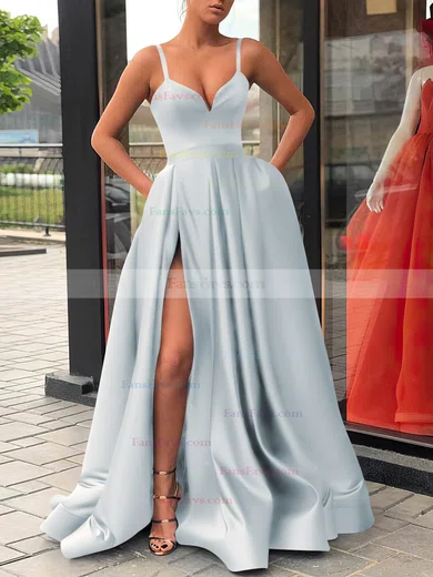 A-line V-neck Satin Sweep Train Sashes / Ribbons Prom Dresses #Favs020107144