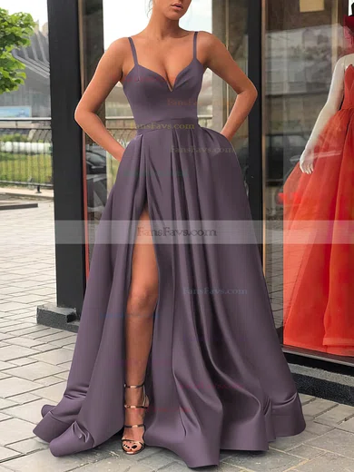 A-line V-neck Satin Sweep Train Sashes / Ribbons Prom Dresses #Favs020107144