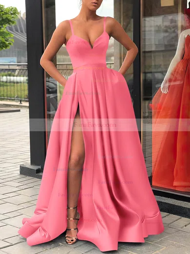 A-line V-neck Satin Sweep Train Sashes / Ribbons Prom Dresses #Favs020107144