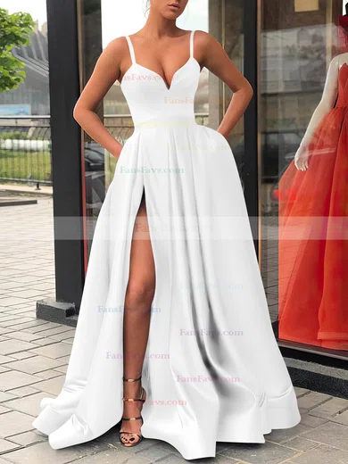 A-line V-neck Satin Sweep Train Sashes / Ribbons Prom Dresses #Favs020107144
