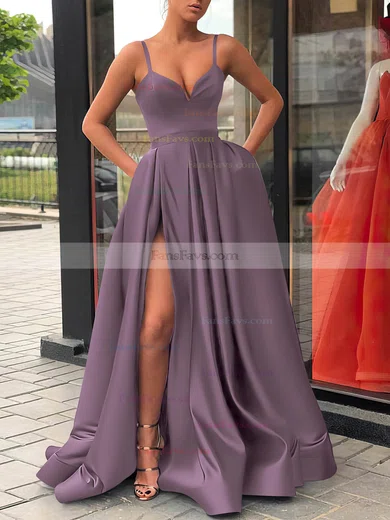 A-line V-neck Satin Sweep Train Sashes / Ribbons Prom Dresses #Favs020107144